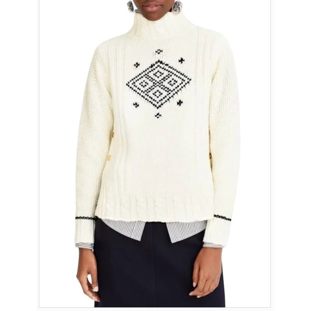The Reeds J.Crew Women Cream Wool Blend Mock Neck Diamond Knit Sweater Large - Picture 3 of 10